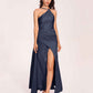 Sexy Satin Halter Strap Sheath Prom Dresses Side Slit Pleats Floor Length