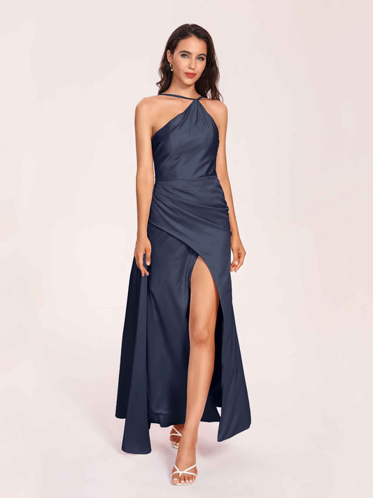 Sexy Satin Halter Strap Sheath Prom Dresses Side Slit Pleats Floor Length
