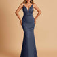 Satin Deep V-neck Mermaid Bridesmaid Dresses Open Back Floor Length