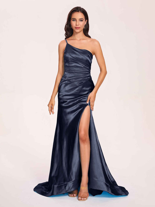 Satin One-shoulder Mermaid Prom Dresses Side Slit Pleats Floor Length