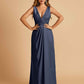 Sexy Satin Deep V-neck Long Bridesmaid Dresses A-line Pleats Sleeveless Floor Length