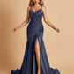 Sexy Satin Mermaid Open Back Bridesmaid Dresses Spaghetti Straps V-neck Side Slit