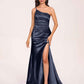 Satin One-shoulder Mermaid Bridesmaid Dresses Side Slit Pleats Floor Length