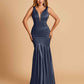 Satin Deep V-neck Mermaid Bridesmaid Dresses Half Open Back Floor Length