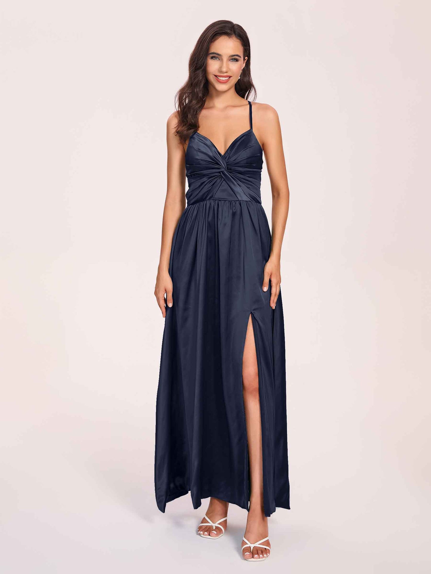 Satin Spaghetti Straps A-line Bridesmaid Dresses Side Slit Floor Length