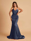 Sexy Satin Mermaid Bridesmaid Dresses Spaghetti Straps V-neck Pleats Floor Length For Sale