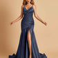 Sexy Satin Mermaid Open Back Prom Dresses Spaghetti Straps V-neck Side Slit