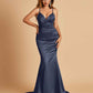 Satin Mermaid V-neck Prom Dresses Spaghetti Straps Floor Length