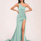 Jersey One-shoulder Prom Dresses Open Back Pleats Side-Slit With Train Long