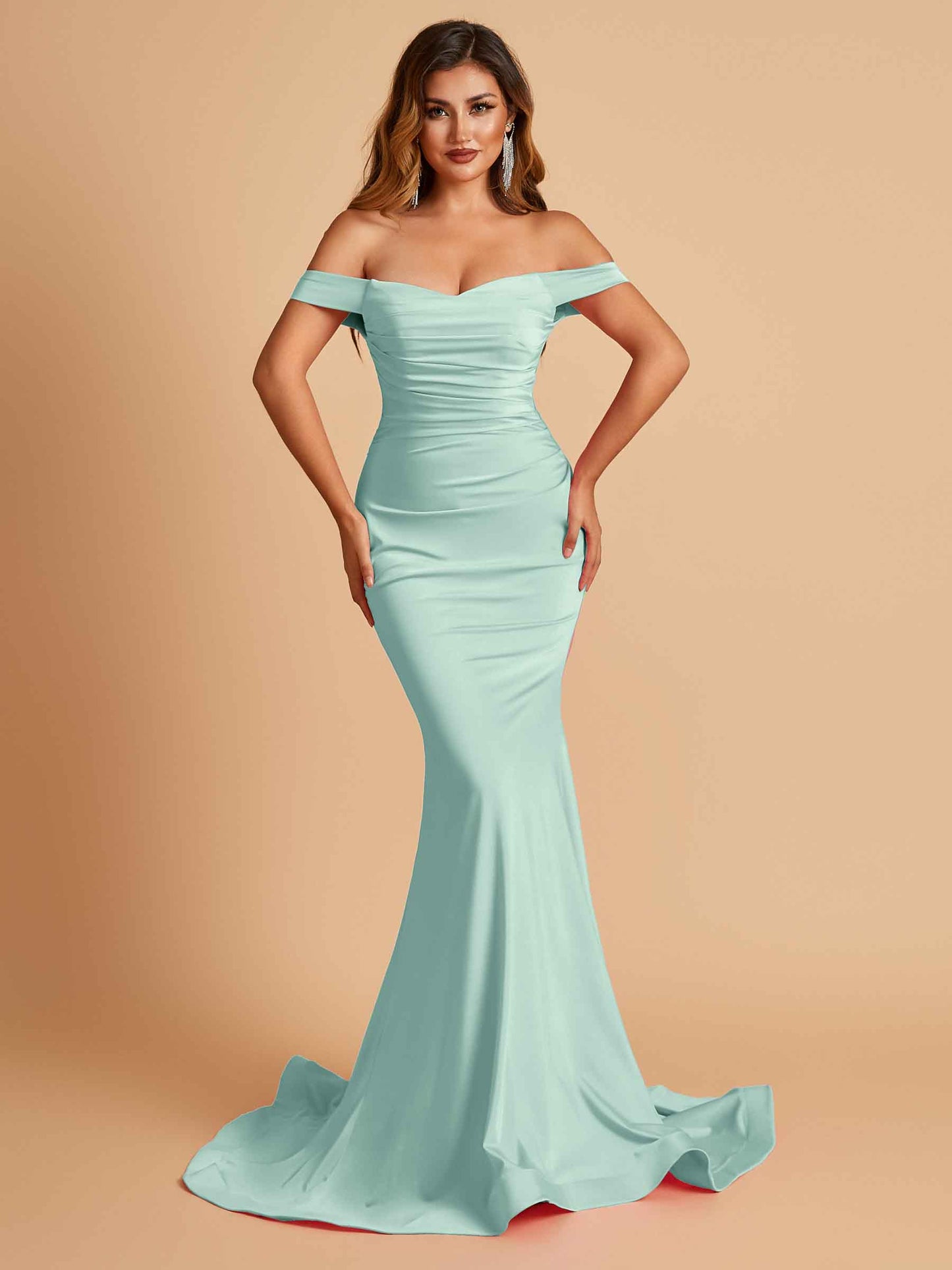 Jersey Mermaid Bridesmaid Dresses Off Shoulder Sweetheart Pleats Floor Length