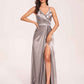 Sexy Satin A-line Bridesmaid Dresses Spaghetti Straps Side Slit V-neck Floor Length
