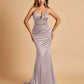 Satin Mermaid Open-back Prom Dresses Spaghetti Straps V-neck With Pleats Floor Length