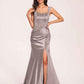 Sexy Satin Square Mermaid Bridesmaid Dresses Pleats Side-Slit Floor-Length Sleeveless