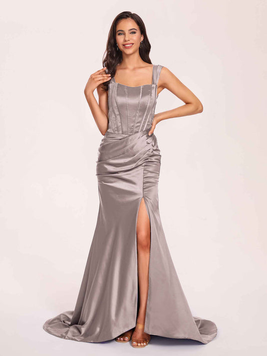 Sexy Satin Square Mermaid Bridesmaid Dresses Pleats Side-Slit Floor-Length Sleeveless