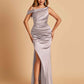 Unique Satin One Shoulder Prom Dresses Side Slit Half Open Back Floor Length