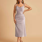 Sexy Satin Midi Bridesmaid Dresses Spaghetti Straps Slip Scoop Side Slit