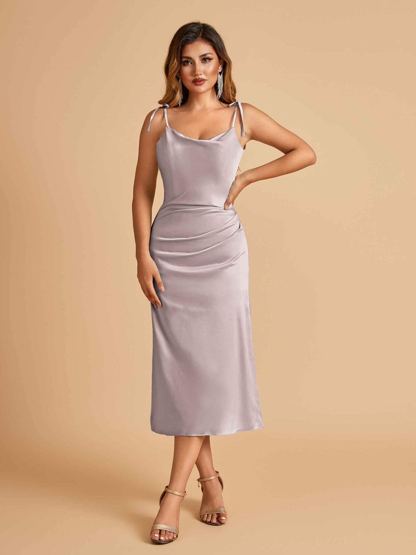Sexy Satin Midi Bridesmaid Dresses Spaghetti Straps Slip Scoop Side Slit