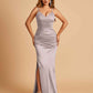 Satin Mermaid Long Bridesmaid Dresses Spaghetti Straps V-neck Side Slit Floor Length
