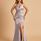 Sexy Satin Mermaid Long Prom Dresses Spaghetti Straps Sweetheart Side Slit Criss-cross Back