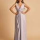 Sexy Satin Deep V-neck Long Bridesmaid Dresses A-line Pleats Sleeveless Floor Length