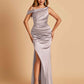 Unique Satin One Shoulder Bridesmaid Dresses Side Slit Half Open Back Floor Length
