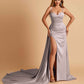 Sexy Satin Sheath Prom Dresses Spaghetti Straps Sweetheart Side Slit With Train
