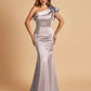Satin One-shoulder Bridesmaid Dresses Ruffle Sleeves Mermaid Floor Length