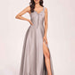 Satin V-neck A-line Prom Dresses Side slit Floor Length