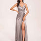 Sexy Satin A-line Prom Dresses Spaghetti Straps Side Slit V-neck Floor Length