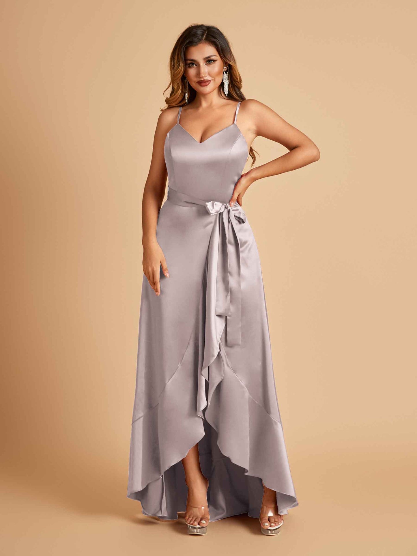 Satin Asymmetric V-neck Bridesmaid Dresses Sleeveless Side Slit A-line Unique