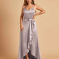Satin Asymmetric V-neck Bridesmaid Dresses Sleeveless Side Slit A-line Unique For Sale