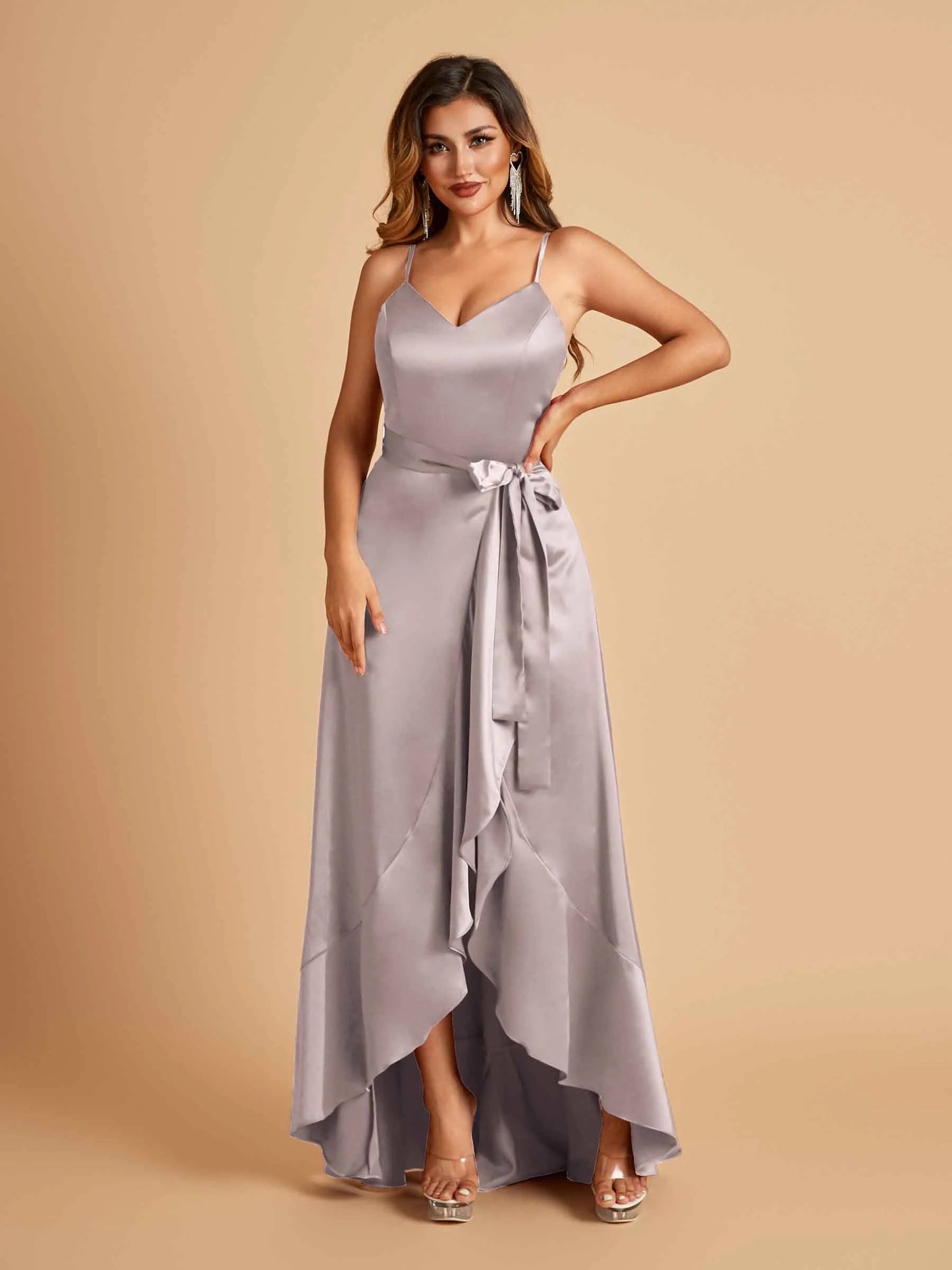 Satin Asymmetric V-neck Bridesmaid Dresses Sleeveless Side Slit A-line Unique For Sale