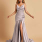 Sexy Satin Mermaid Open Back Prom Dresses Spaghetti Straps V-neck Side Slit