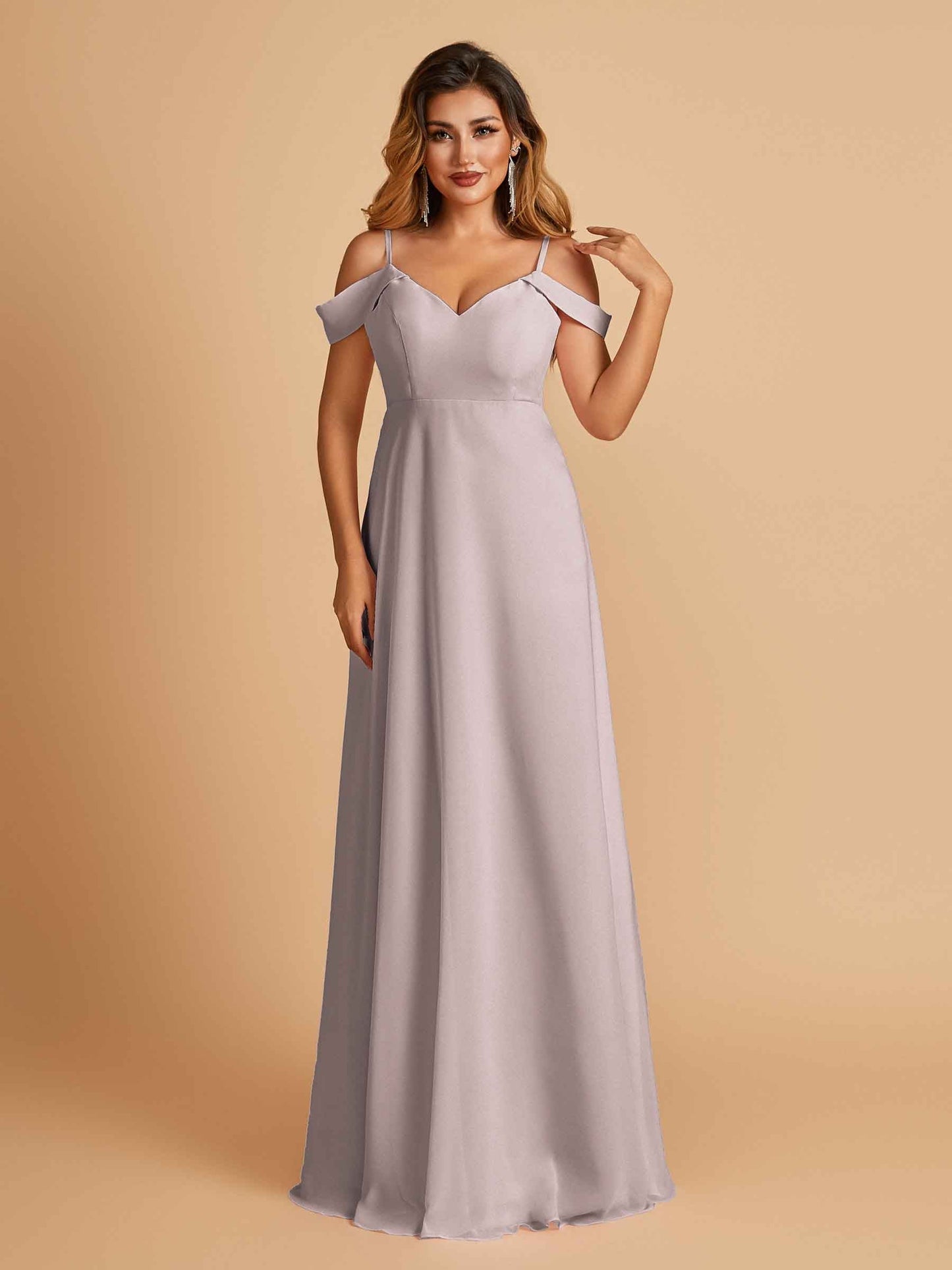 Chiffon Off-shoulder Long Bridesmaid Dresses V-neck Floor Length A-line For Sale