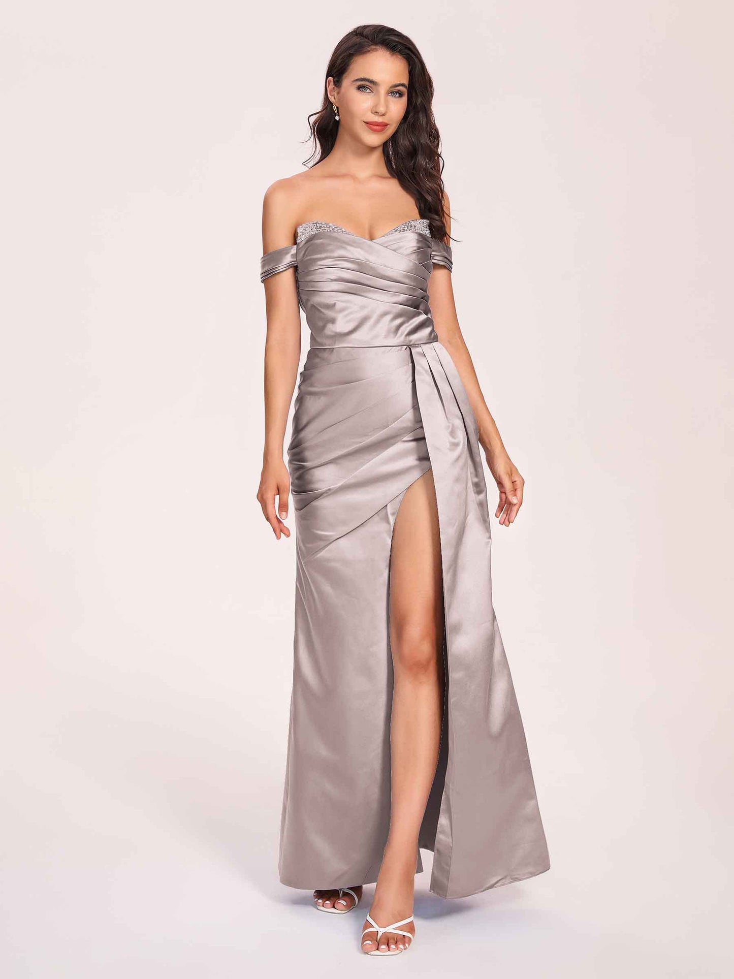 Elegant Satin Off Shoulder Bridesmaid Dresses Side-slit Sweetheart Floor Length Sheath