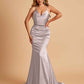 Sexy Satin Mermaid Prom Dresses Spaghetti Straps V-neck Pleats Floor Length
