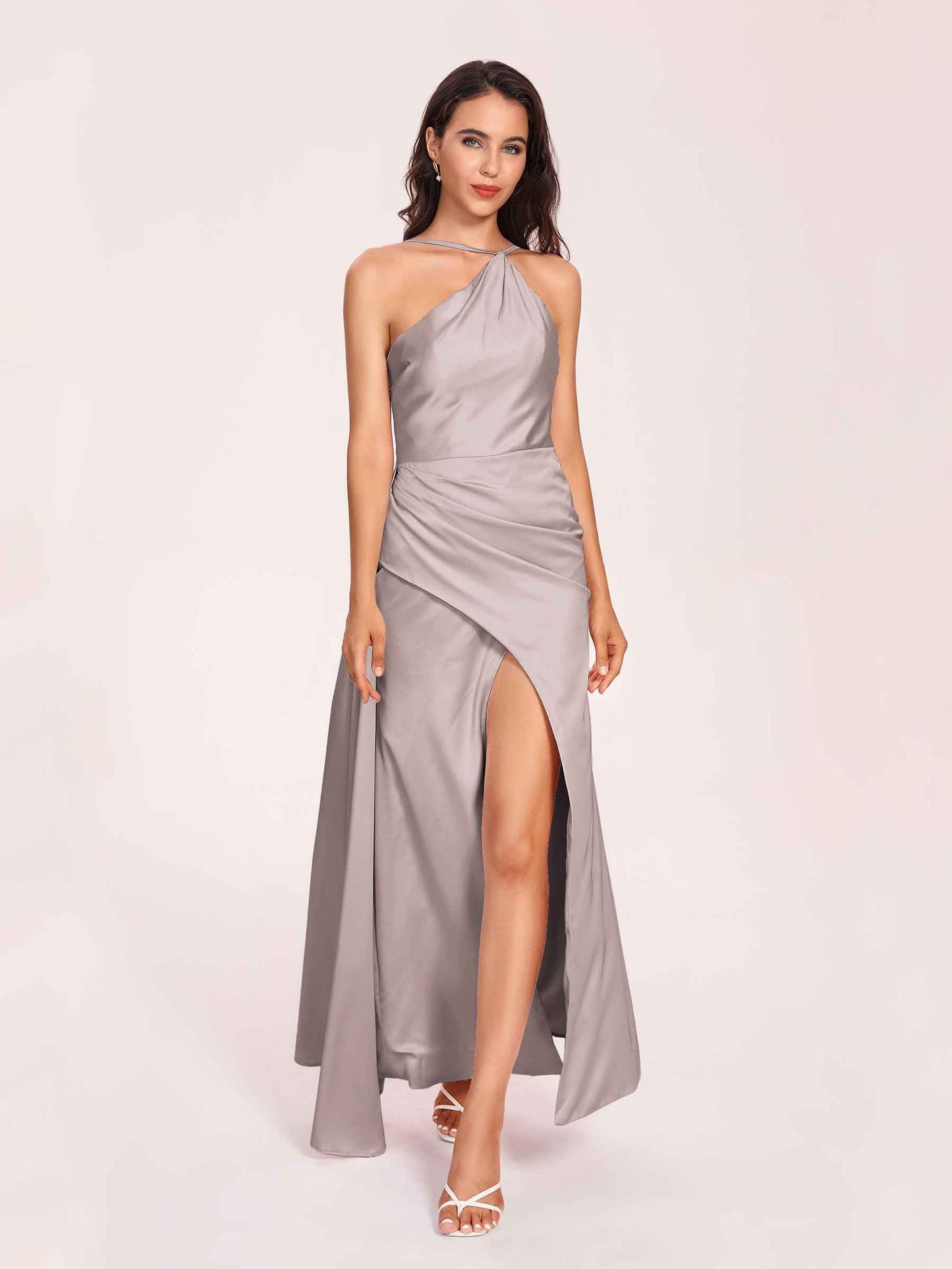 Sexy Satin Halter Strap Sheath Prom Dresses Side Slit Pleats Floor Length