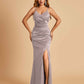 Sexy Satin Mermaid Bridesmaid Dresses Spaghetti Straps V-neck Side Slit Floor Length