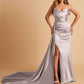 Sexy Satin Sheath Bridesmaid Dresses Strapless Sweetheart Side Slit With Train