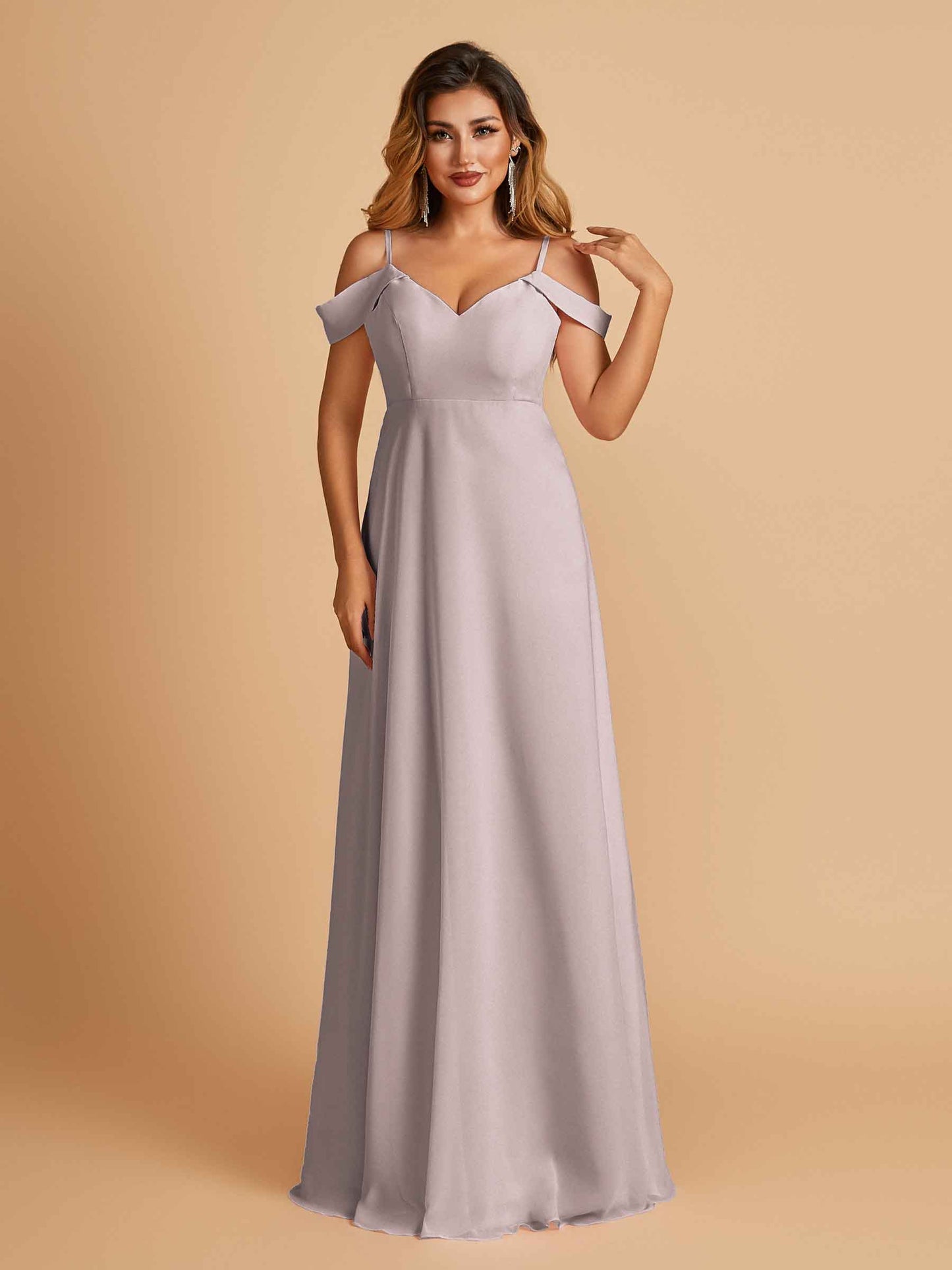 Chiffon Off-shoulder Long Bridesmaid Dresses V-neck Floor Length A-line