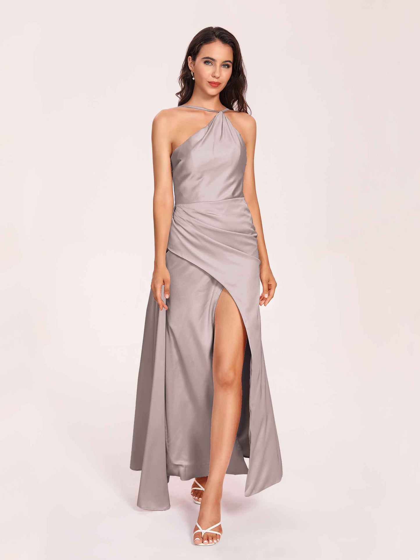 Sexy Satin Halter Strap Sheath Bridesmaid Dresses Side Slit Pleats Floor Length