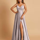 Satin A-line Long Prom Dresses Spaghetti Straps V-neck Side Slit Floor Length