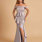 Satin Mermaid Off Shoulder Bridesmaid Dresses With Ruffles Side Slit Floor Length