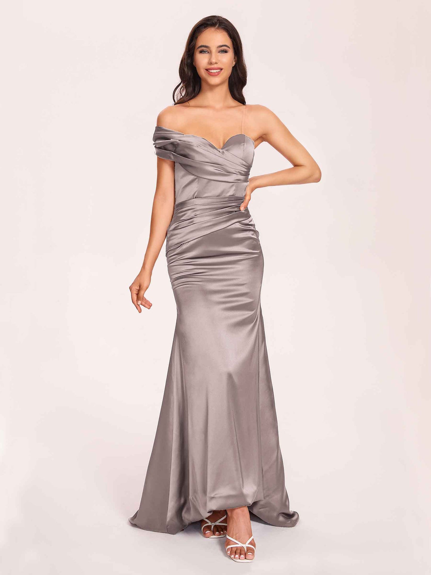 Satin One-shoulder Bridesmaid Dresses Pleats Floor Length Mermaid Long
