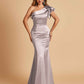 Satin One-shoulder Bridesmaid Dresses Ruffle Sleeves Mermaid Floor Length For Sale