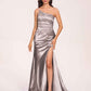 Satin One-shoulder Mermaid Prom Dresses Side Slit Pleats Floor Length