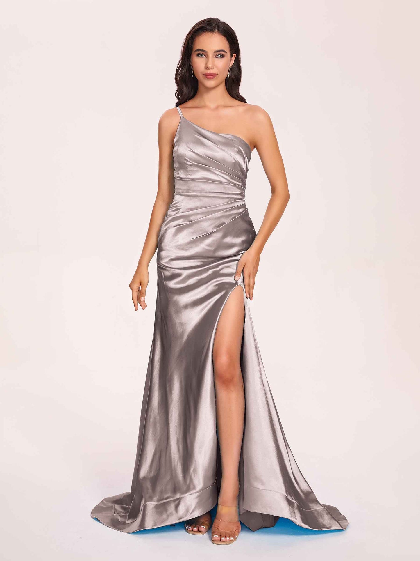 Satin One-shoulder Mermaid Prom Dresses Side Slit Pleats Floor Length