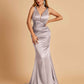Sexy Satin Criss-cross Back Bridesmaid Dresses Mermaid Deep V-neck Back Pleats Floor Length