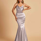 Satin Mermaid Open Back Bridesmaid Dresses Spaghetti Straps Scoop Floor Length