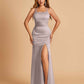 Satin Mermaid Long Bridesmaid Dresses Spaghetti Straps Scoop Side Slit Criss-cross Back